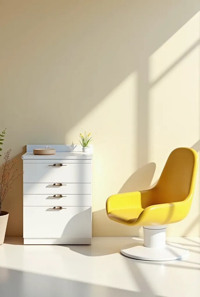 a white dental cabinet with a yellow chair