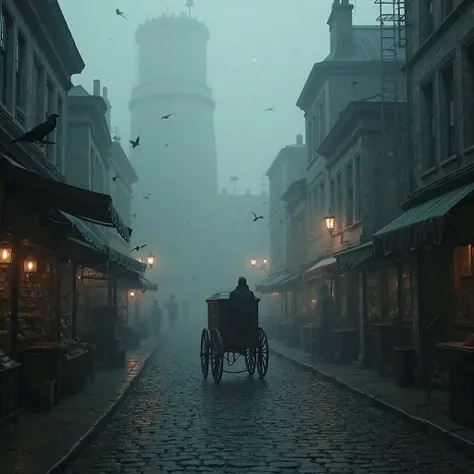 Victorian London during the plague, an eerie, fog-filled street shrouded in darkness. Once lively markets now lie abandoned, their stalls covered in dust and decay. The silence is broken only by the ominous cawing of crows perched on gas lamps and rooftops...