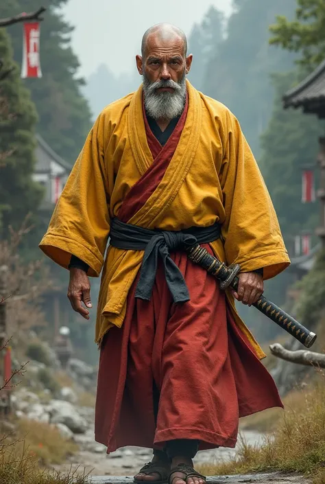 Japanese fighting monk, 40 years,  shaved hair , 1,77m 85kg. mustache and gray hair.
Yellow and red clothing.