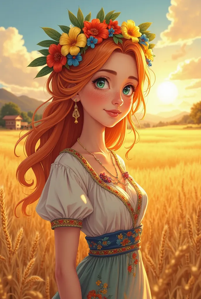 Create an anime-style illustration of a old woman standing in a golden wheat field during sunset, with soft, wavy, medium-length orange hair and very soft emerald green eyes. Her face is adorned with delicate freckles, She wears a traditional Colombian coa...