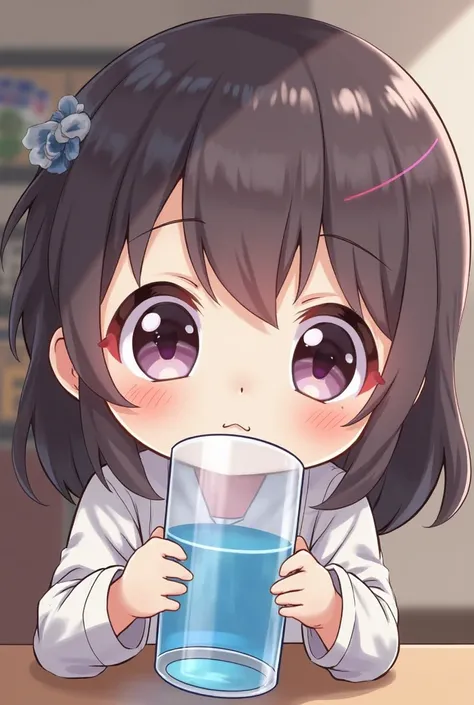 Chibi girl cute, Little anime holding and drinking a cylindrical glass of water, semi-laterally viewed VERY closely, You can only see it from the shoulder, hands and head. EMOTE STYLE FOR TWITCH