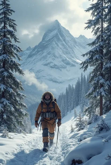 At the foot of the snowy mountains，A mountaineer is walking in the harsh cold wind， snowflakes flying，The surrounding pine trees are covered with thick snow，The background is majestic snowy mountains and a gray-blue sky。