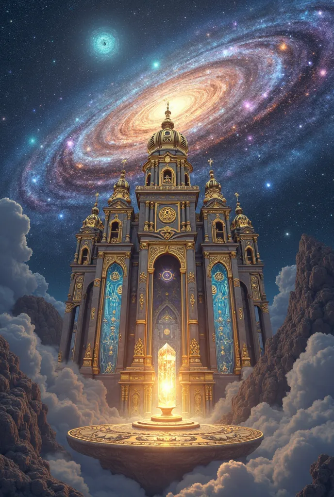 A majestic galaxy fills the cosmic horizon.  in the center, a floating temple of Ancient stone and gold metals hover over the space void. Architecture mixes mystical and heavenly styles, with ancient symbols carved on the columns. Stained glass windows rad...