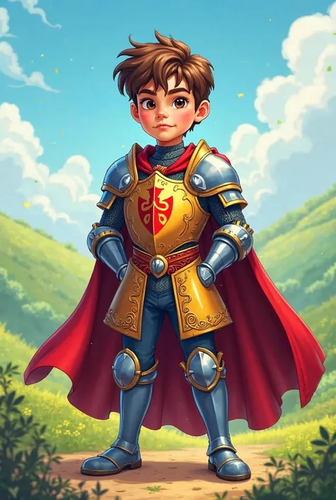 I need a  boy in colorful armor to draw, with cape, Full-body for elementary school ren 