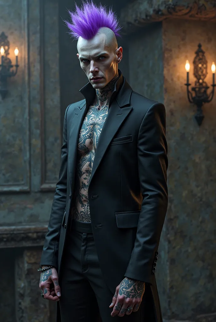 Make a vampire in a suit, He has a purple mohawk and a lot of tattoos