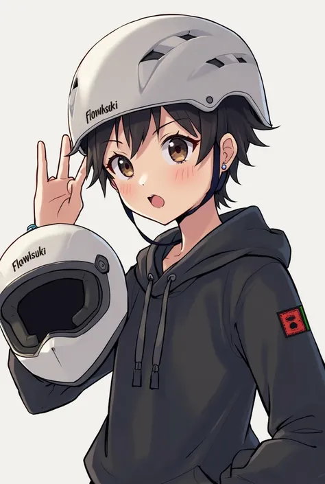 Create an animated character with a white helmet attached to his left hand, With your right hand, greet with love and peace, and that the helmet on the part of the visor says flowsuki, That the character wears black clothing, his normal face ,  That I have...