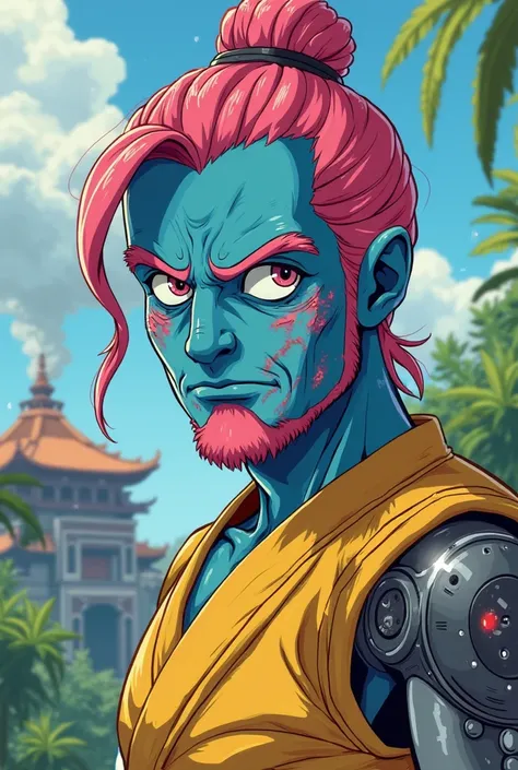 close up shot angle, beat up face and weak, he has all blue skin, pink man bun hair, one robotic arm only right, and the crater with smoke out of it, wearing yellow karate suit. cartoon style, anime, futuristic temple, jungle, beat up face 