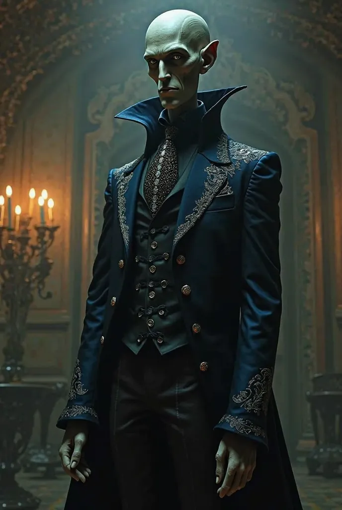 "Lord Barkis Bittern, from Tim Burton's  Bride, stands tall and gaunt, his predatory eyes gleaming beneath the flickering candlelight. His elegantly tailored navy-blue coat, embroidered with silver filigree, clings to his wiry frame, hinting at a shadowy p...