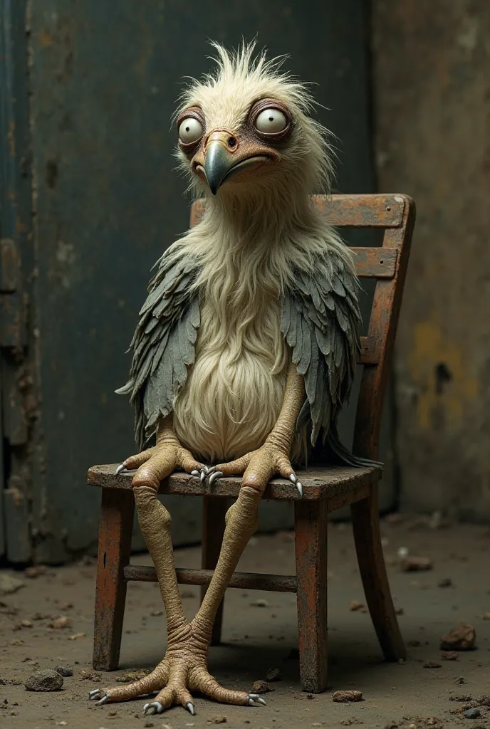 Create an ugly bird sitting in a chair with its legs crossed