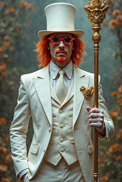 A man in white suit, white top hat, red long hair, red goatee, red star-shaped sunglasses holding a golden staff