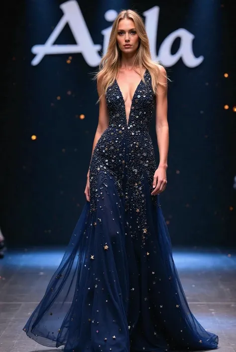 A navy blue dress with its shades studded with diamond-like star shapes and draped  It is displayed on a real model with European features and blond hair. The name Aida is written on the stage in the background as the name of the brand of the displayed dre...