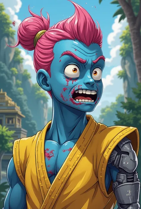 close up shot angle, beat up face and weak, he has all blue skin, pink man bun hair, one robotic arm only right, and the crater with smoke out of it, wearing yellow karate suit. cartoon style, anime, futuristic temple, jungle, beat up face, weaken