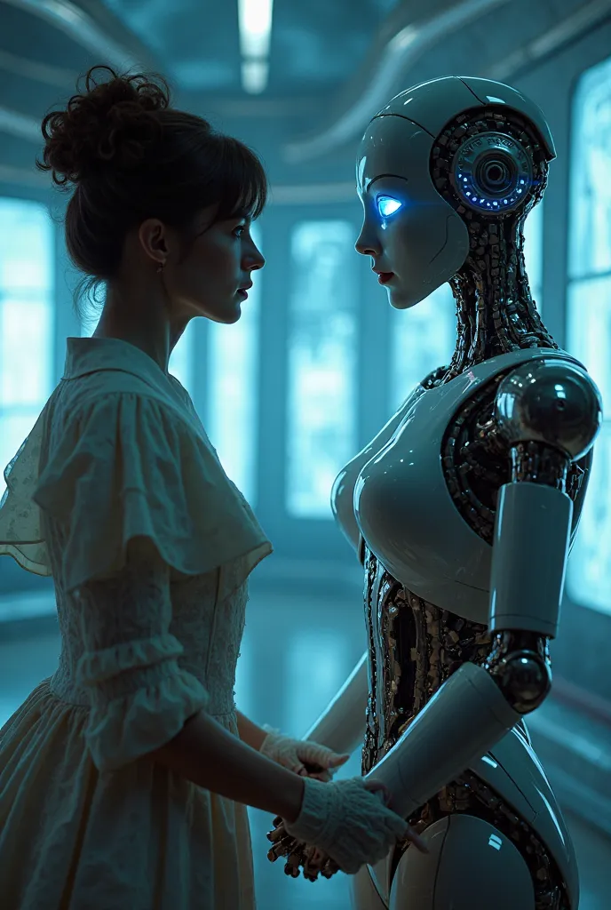 First-person view of a 19th century time traveler who is faced with a modern robot for the first time. Her hands, dressed in Victorian gloves, shake slightly as she stares at the perplexed metallic figure before her.. The environment is a futuristic space ...