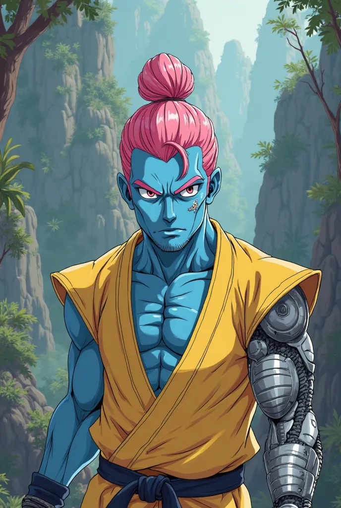 close up shot angle, he has all blue skin, pink man bun hair, one robotic arm only right, and the crater with smoke out of it, wearing yellow karate suit. cartoon style, anime, futuristic temple, jungle, beat up face, weaken