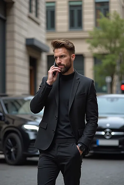 young man,, a brown-haired man with short hair,with a black beard ,in dark clothes ,smartphone, there is a black Gelendvagen in front of a Mercedes car,is standing at the front of the car,speaking on a smartphone,