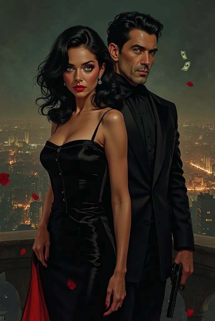 Create an image with these characteristics 1. Dark and elegant style (Classic Mafia)

A background with a city illuminated at night, with a dark and luxurious tone.

A woman in the front in a black or red dress,  with a challenging look . His black and gre...