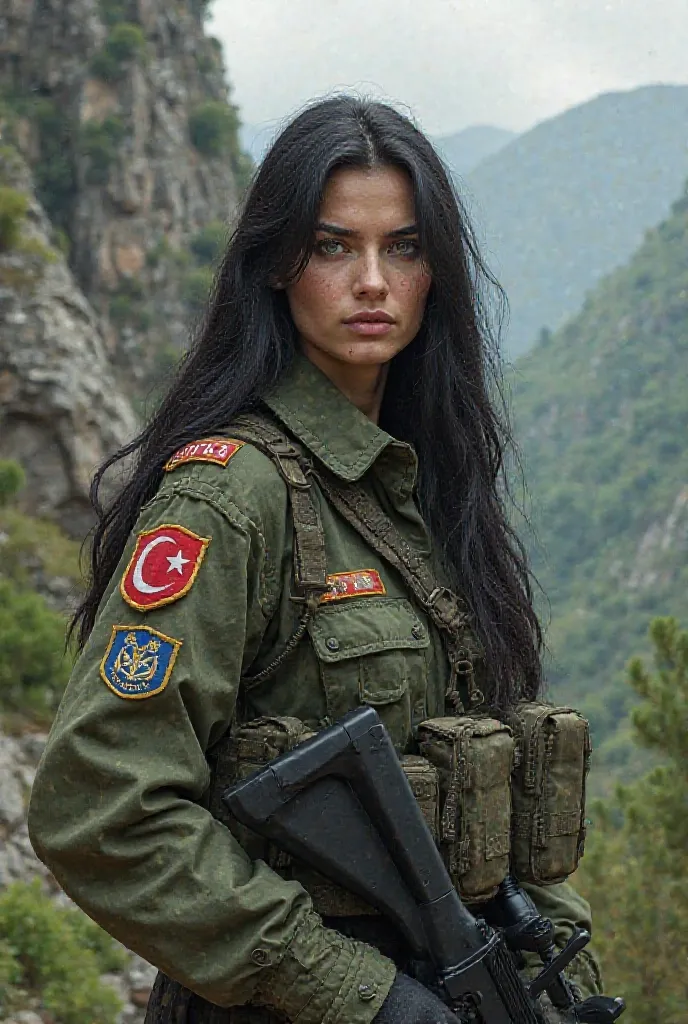 Brunette female turkish soldier with black hair and green eyes