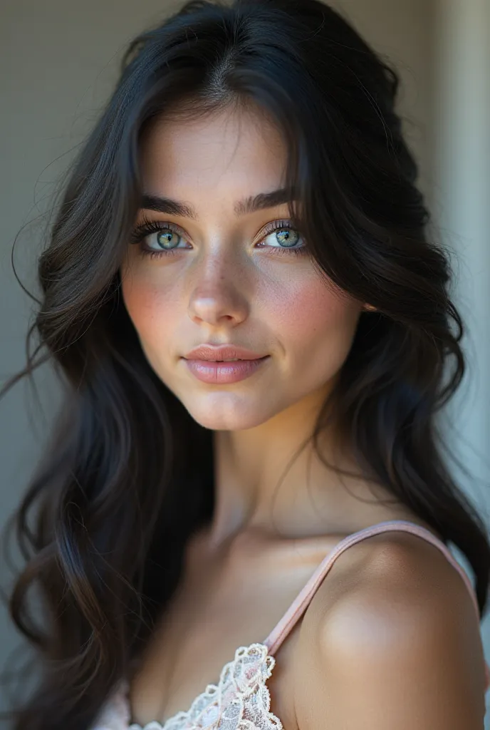 A picture of a 20-year-old girl with jet-black hair distinguished by a white strand, and her eyes are like a lake surrounded by her long eyelashes. She has a rather slim body, her eyes are blue like water, and her hair is long with a wide white strand. Her...