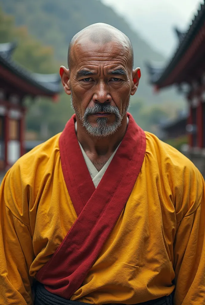 Japanese fighting monk (Eyes and all the features of Orientals), 40 years,  shaved hair , 1,77m 85kg. mustache and gray hair.
Yellow and red clothing.