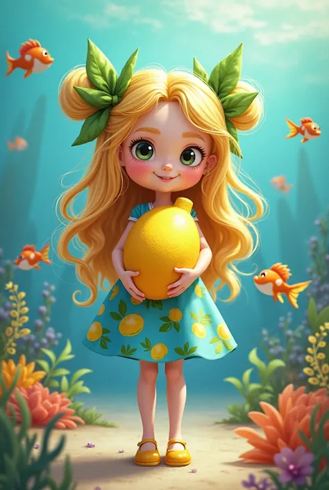  Create an image: A girl with long wavy blond hair, tied with green bows. The character is wearing a blue dress with a lemon pattern and yellow shoes. The character is holding a large lemon. cartoon style, illustrative,  fish with bright and rich colors sw...