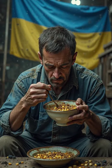 warehouse worker in his 30s eating bowl of mostly human shit with a few pieces of corn, while ukrainian flag is waving in the background 