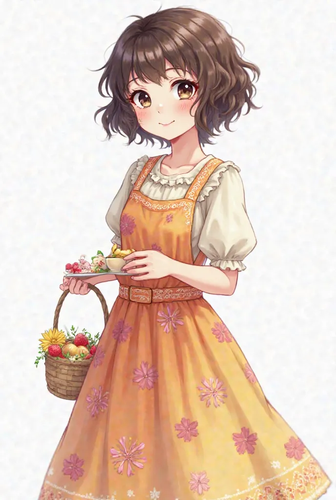 Create an image in drawing format white background, My main character is a , With short and frizzy hair, black and brown eyes and a very beautiful and colorful dress, she makes a breakfast basket and decoration loves flowers.