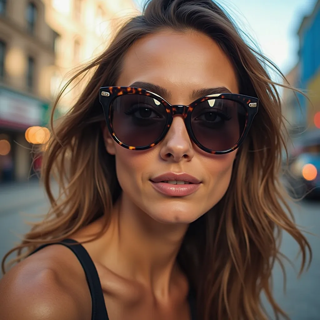 "Depict a stylish pair of sunglasses with dark, round lenses that exude sophistication. The frames are designed with a striking tortoiseshell pattern, blending shades of brown and black in an elegant and contemporary fashion. The glossy finish of the frame...