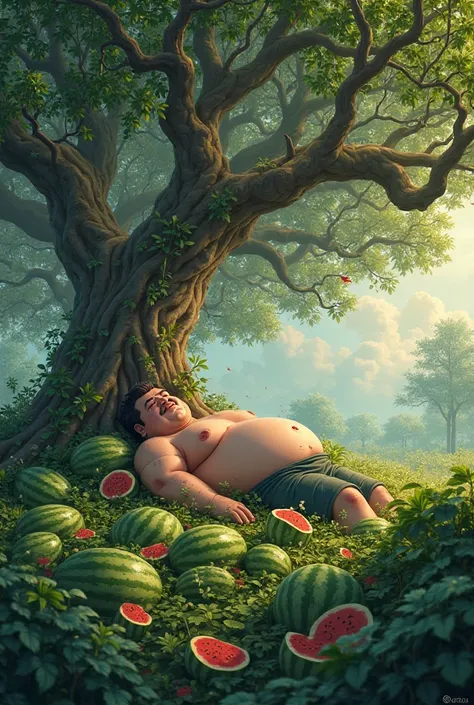 A fat man is sleeping in a watermelon field under a banyan tree