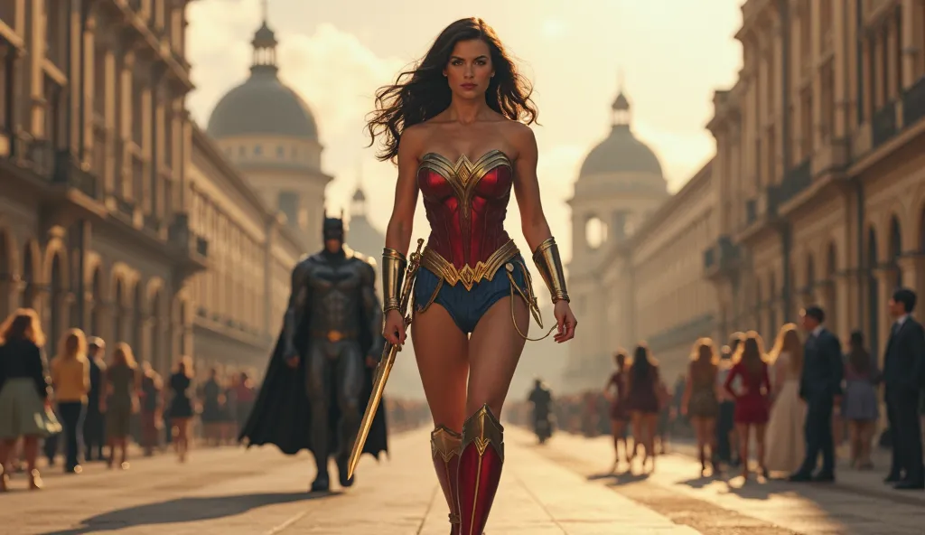 A powerful female superhero resembling Wonder Woman walks confidently through a grand European-style city square. She wears a red and gold armored bustier, blue shorts with golden accents, and knee-high red boots. Her dark, wavy hair flows in the wind, and...