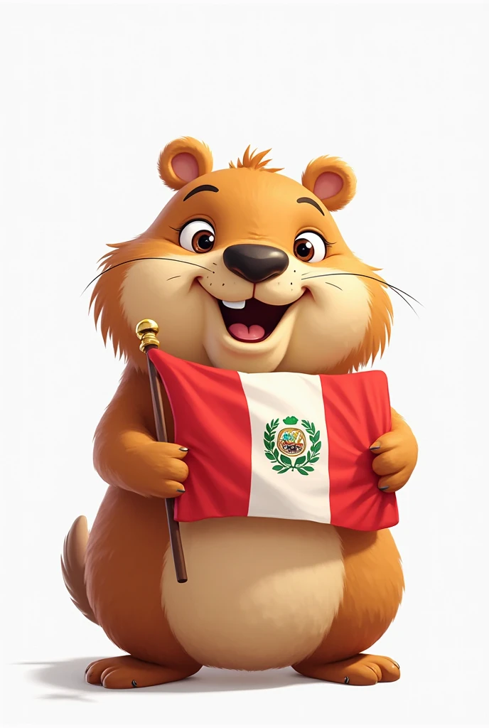 Capybara cute animated with white background with the flag of Peru in her hand ANIMATED style