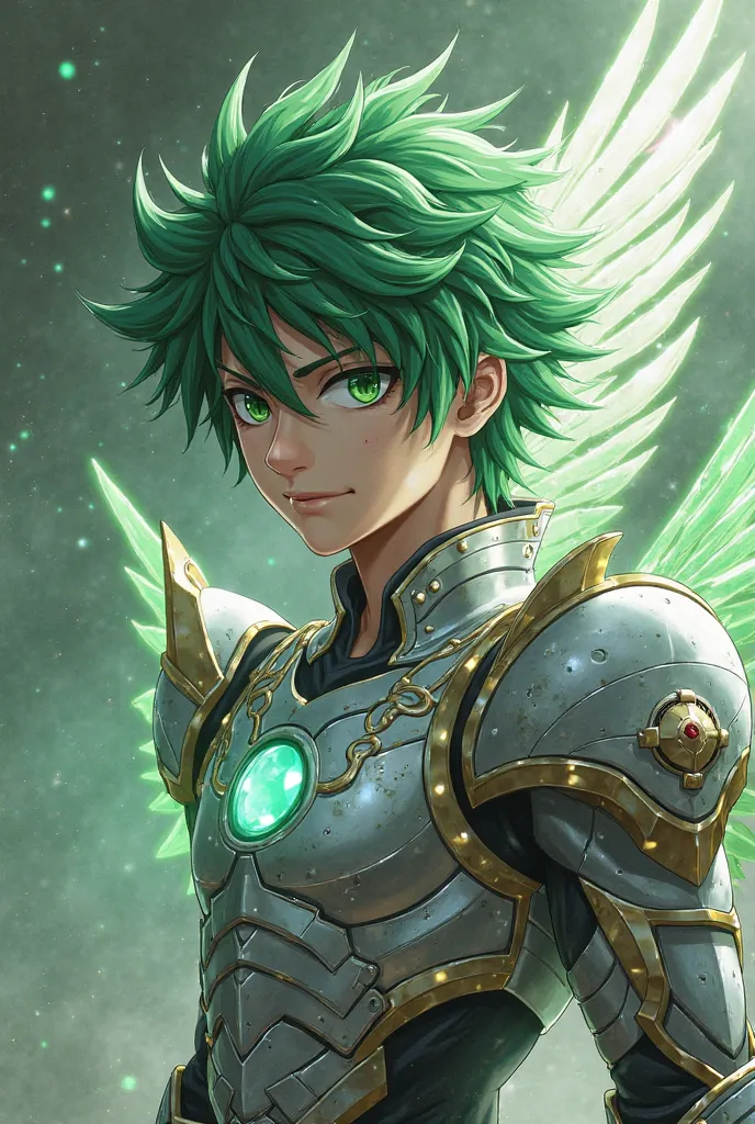 midoriya, with its characteristic green hair and eyes full of determination, would wear the shiny silver armor of Pegasus, designed with intricate details and wings on the feet and the helmet. The energy of One For All would flow through the armor, , furth...