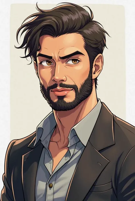 Create an image with an anime designer of a 30-year-old brown man, short hair and black beard, brown eyes, wearing a shirt and jacket