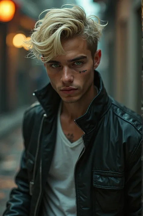 Young blond man with gangster behavior, green eyes black shoes.