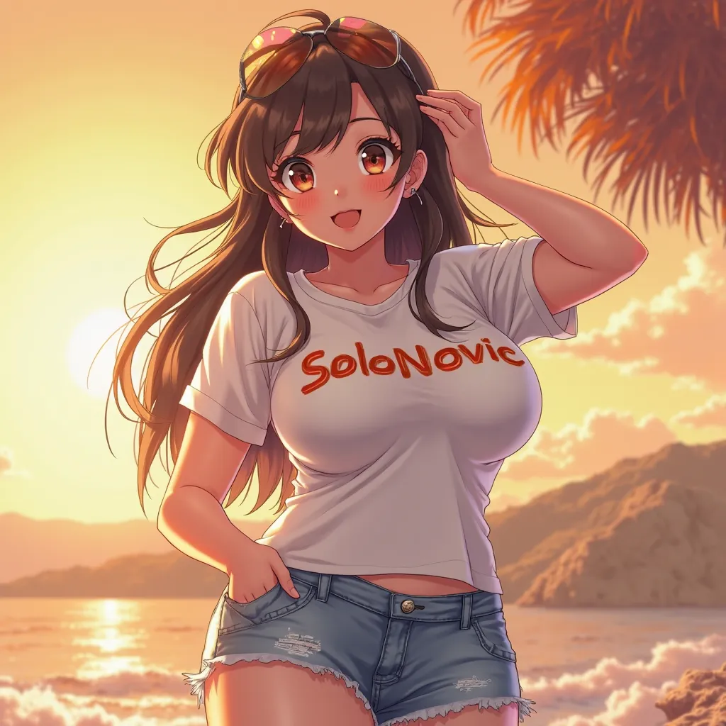 I need a 4k anime girl with big boobs and she has to hit her summer but look young and have solo novic written on her t-shirt