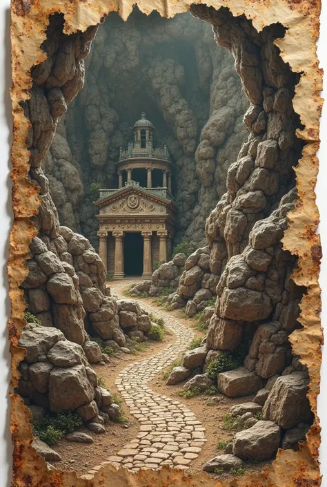  map showing a maze of tunnels dug into a rock mountain .  The tunnels are full of traps and lead to a treasure room rich in pirates.  The entrance to the labyrinth is a ruined ancient temple . Torn old paper background 