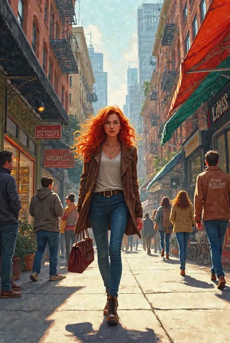  A red-haired woman ,Who is walking down a street in the Brooklin neighborhood 