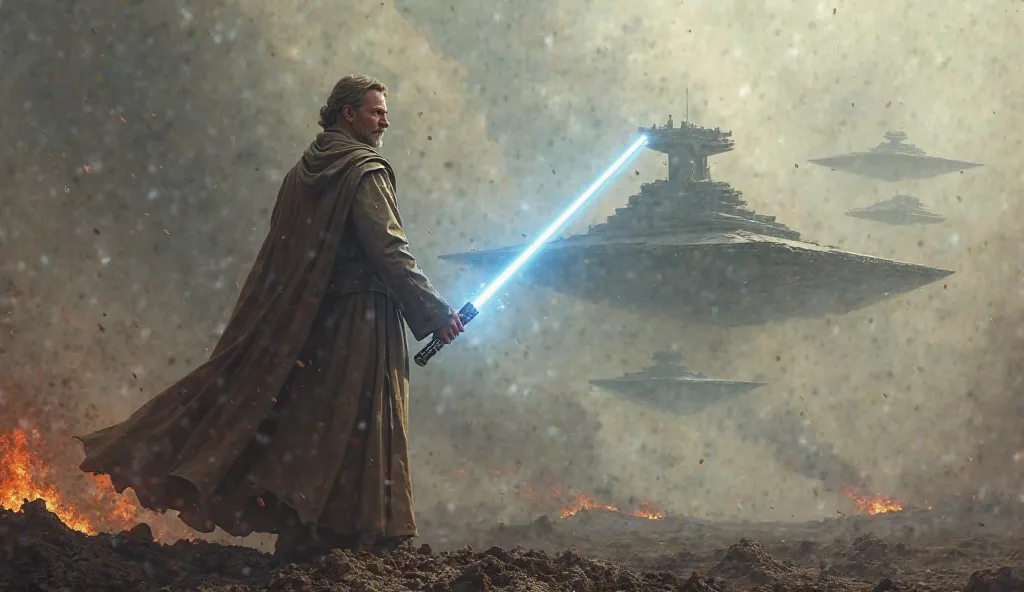 Obi wan Kenobi holding saber light and ready for war, multiple star destroyer in sky, fire and ash everywhere. 