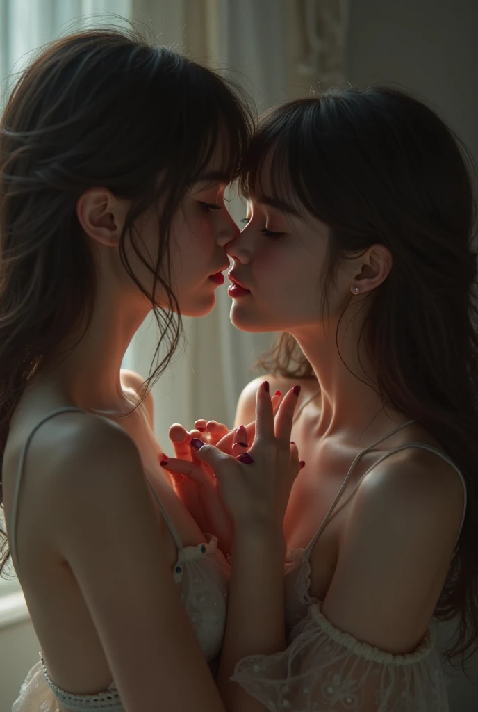 A girl licking another girl's tongue