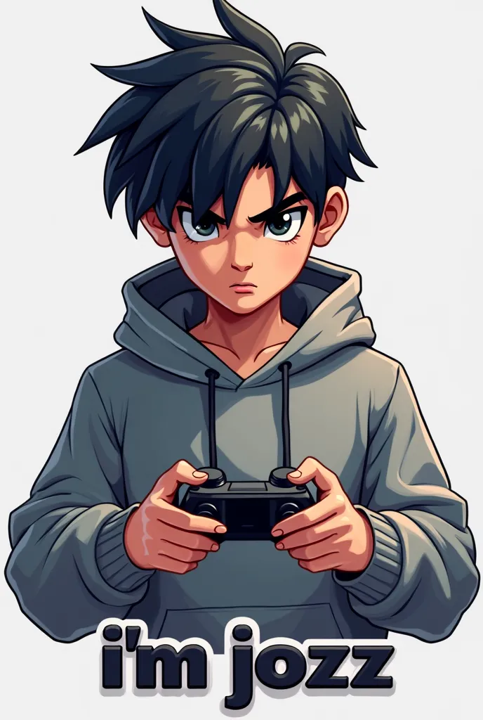 Create me a logo of a black-haired gamer boy wearing a sweatshirt and below it say I'm Jozz