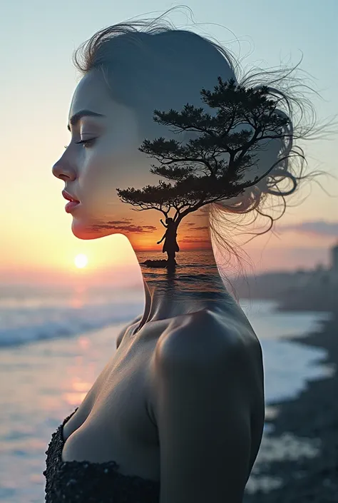 High quality, 8K ultra HD, Una hermosa  double exposure que combina una silueta de diosa con la costa al atardecer, the coast at dusk should serve as a backdrop,  with its details incorporated in the goddess, sharp lines, The background is monochrome,  sha...