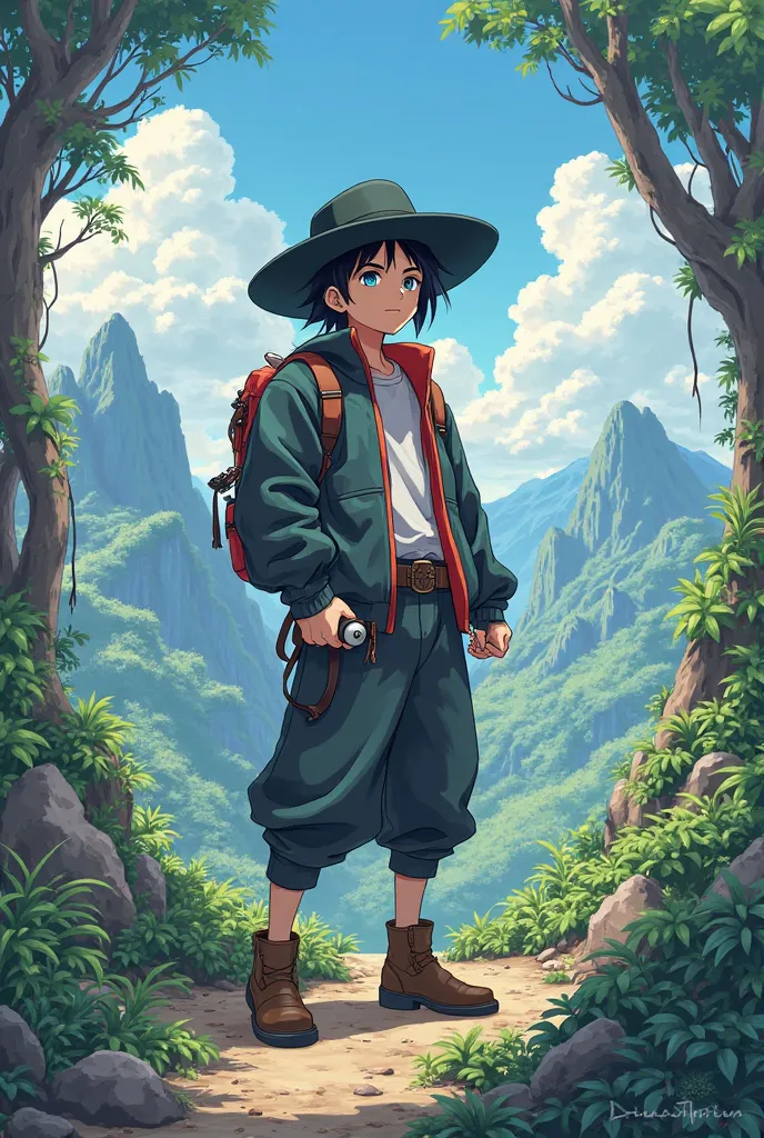 Create an image screenshot anime Pokemon, man with Caucasian skin and blue eyes, black hat, very large jacket, baggy pants and booties, a backpack and a belt, he carries a Pokeball in his hand