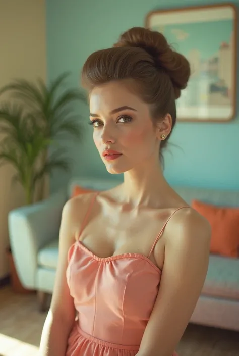 "A vintage-style portrait of a [возраст, пол, внешность], dressed in elegant 1960s fashion, with classic makeup and a beehive hairstyle. The subject poses against a mid-century modern interior with pastel-colored furniture and a retro film grain effect. So...