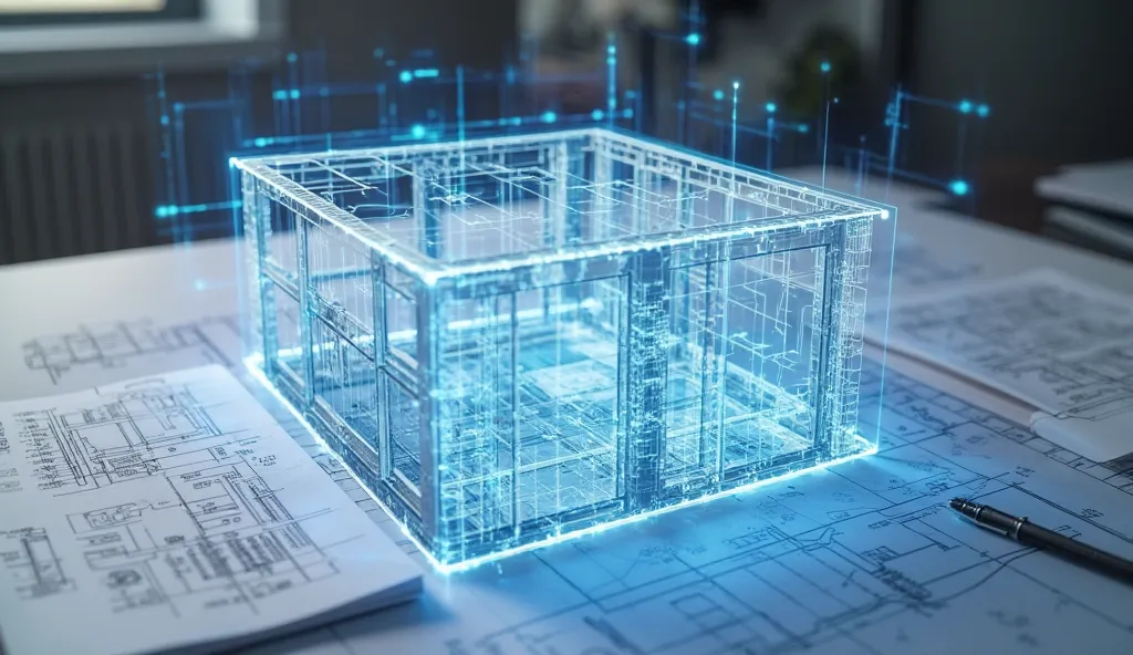 "A professional blueprint-style AutoCAD interface displaying a municipality-approved house design layout. The scene features precise wall structures with legal guidelines overlaid as annotations. A sleek holographic document with building regulations float...