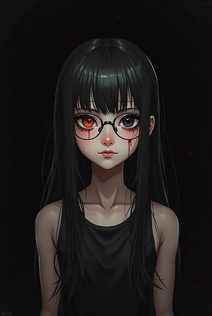 A girl that is 19 years old one of her eyes is demon orange eye the other is black the girl also has a black long hair and she is wearing black tank top blood drips from her eyes and also you can see a black backround she is also wearing glasses and a skir...