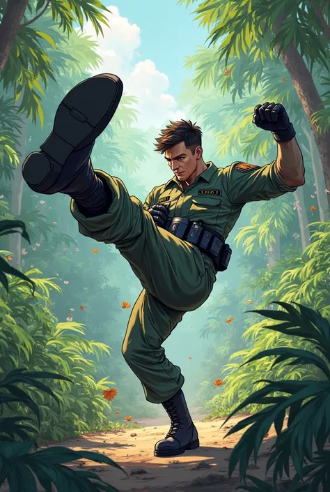  kick being thrown by a black military pants and military boots with long sleeve and gloves. cartoon, anime, close up shot feet, jungle, no face just feet, close up