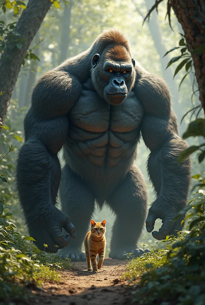 Afterward, the mother cat approaches a massive gorilla. The gorilla stands tall, with muscular arms and a powerful posture, its fur thick and dark, contrasting against the surrounding light. Its eyes are wise and calm, showing no signs of aggression, but t...