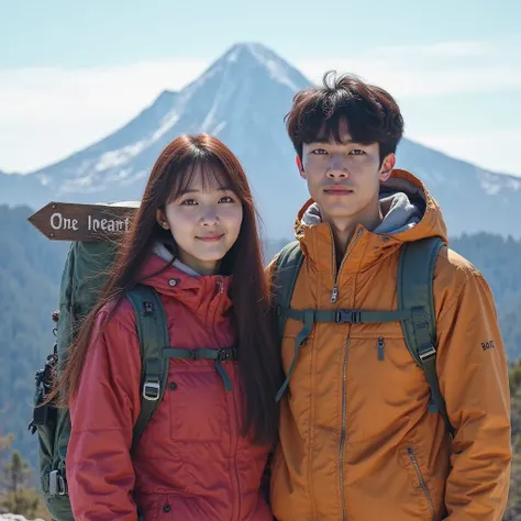 a beautiful korean woman, long haired maroon brown, fair skin, round-eyed , nasolabial,  lips slightly thick, chubby cheeks,  and a handsome Korean guy , they wear ootd full hiking clothes as well as hiking attributes, next to it there is a direction adven...