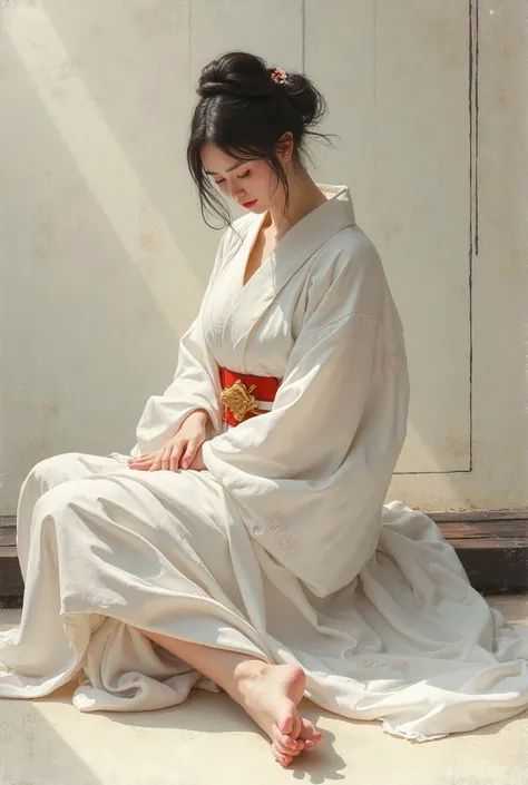 a woman wears a white kimono, showing the soles of her feet