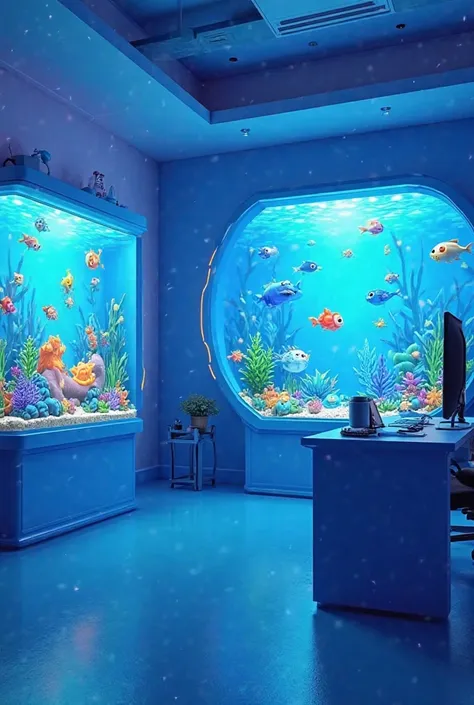 Generate me a blue gaming room with two cartoon-themed aquariums without characters and PCs 