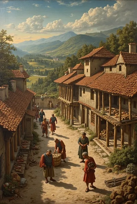 classical painting, Ancient Renaissance showing medieval village being built,  Men working 